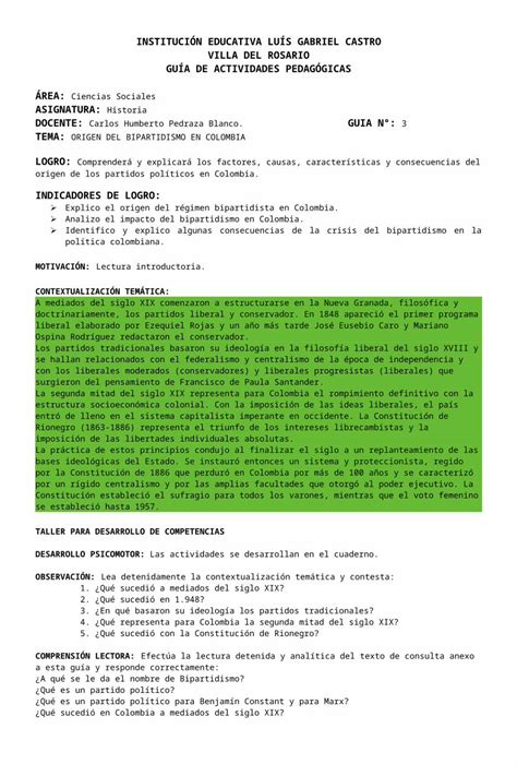 DOCX Guia 9 Origen Del Bipartidismo En Colombia Ciencias Sociales 10