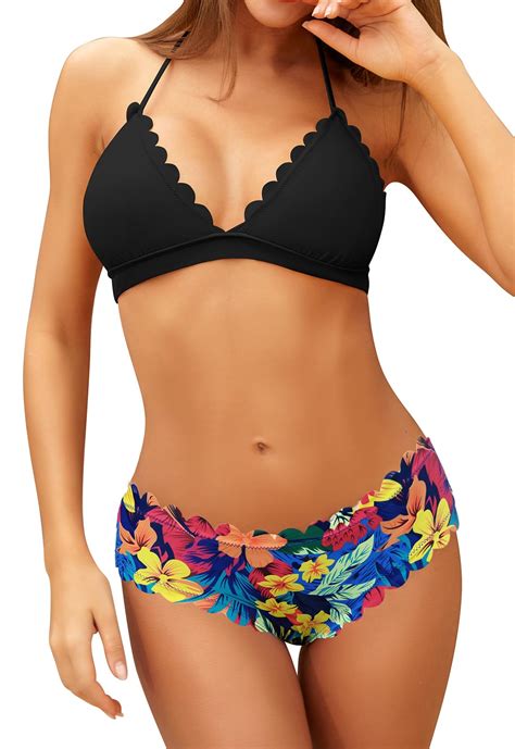 SHEKINI Women S Scalloped Bathing Suit Triangle Bikini Halter Sexy Floral Two Piece Swimsuits