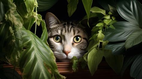 Un Gato Asomándose Desde Detrás De Una Planta De Interior Con Los Ojos