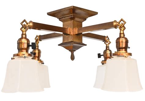 red brass four arm mission flush fixture with bell mission frosted shades — ARCHITECTURAL ANTIQUES