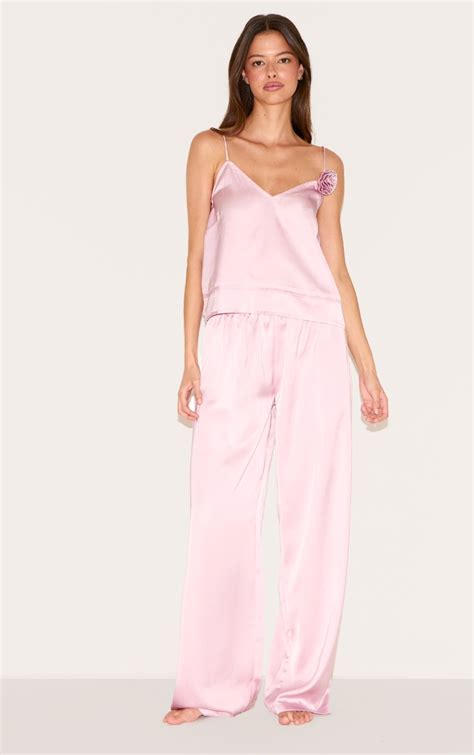 Ensemble De Pyjama Long É Rose Cendré À Empiècement Fleur Lingerie Pyjamas PLT FR