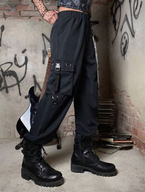 Our Grunge Punk Solid Chain Decor Cargo Pants School Is Such A Vibe