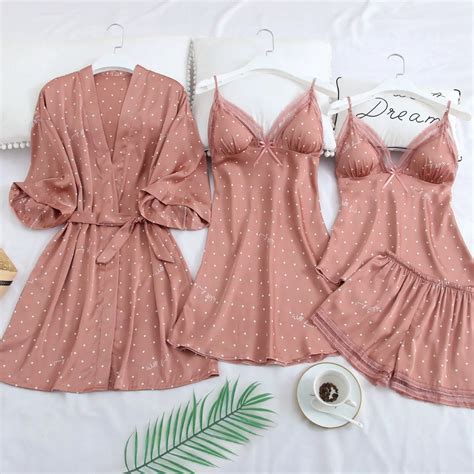 Pink Print Dot Wedding Robe Set Sleepwear Casual Intimate Lingerie Nightgown Nightdress Soft
