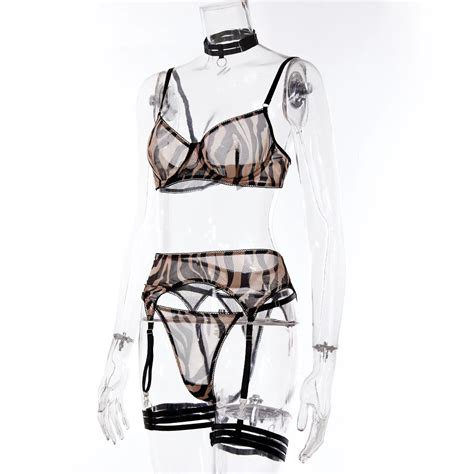 Sexy Lingerie Woman 3 Pieces Zebra Print Fine Lingerie Sheer Lace Underwear With Garter Fancy
