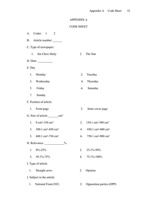 Appendix A Code Sheet Pdf