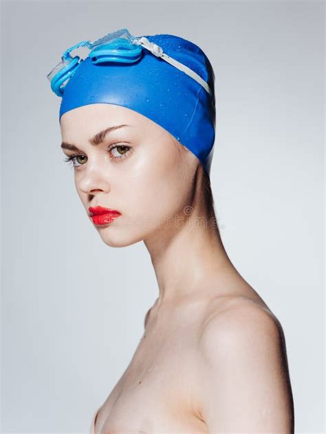 Nude Woman In Blue Swimming Cap Red Lips Stock Photo Image Of Glasses Focused 211325192