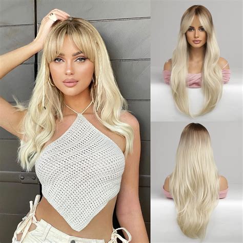 Amazon MAGQOO Blonde Wig For Women Blonde Wig Dark Roots Long Straight Blonde Wig With
