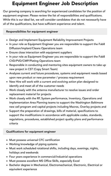 Equipment Engineer Job Description Velvet Jobs