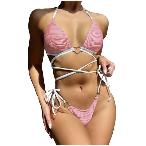 WREESH Womens Two Piece Swimsuit String Bikini Sets Metal Ring Bikini Set Love Drawstring Bikini