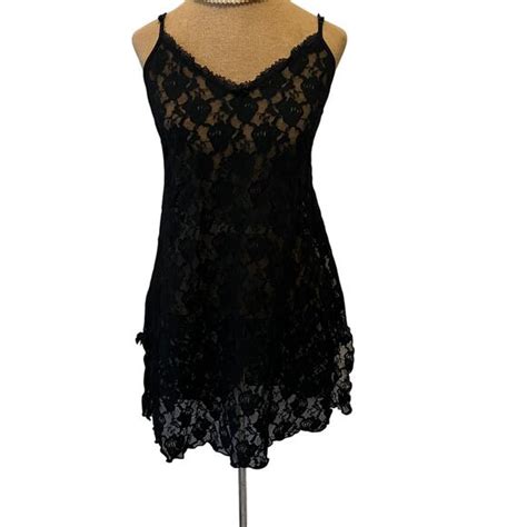Unknown Tops Black Lace Sheer Mini Slip Dress Lingerie Whimsy Goth