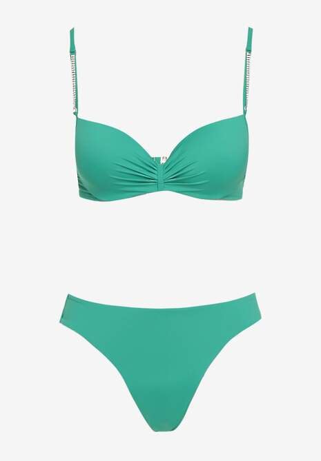 Zielone Bikini Usztywniany Biustonosz z Cyrkoniami i Spodenki Kąpielowe