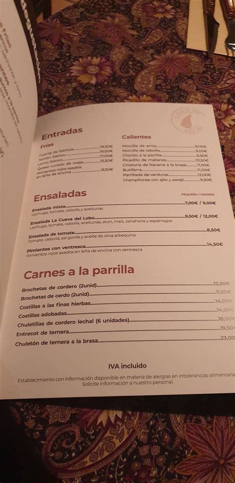 Carta Del Restaurante La Cueva Del Lobo El Molar