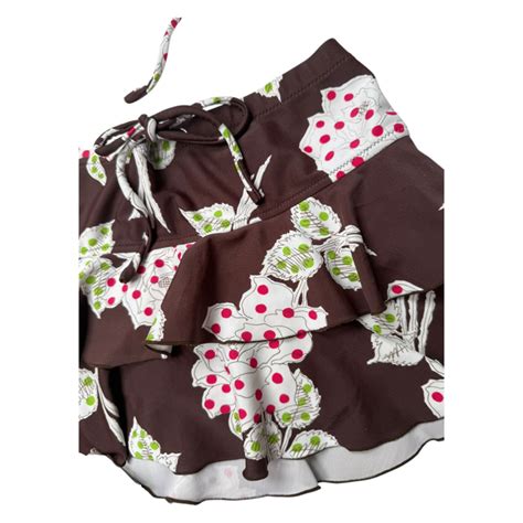 Coquette Brown Floral Polka Dot Japanese 3 Piece Bikini Set Flutter Vintage