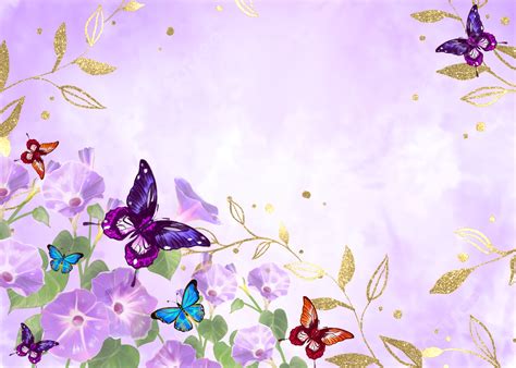 Butterfly Flowers Golden Plants Watercolor Halo Romantic Purple