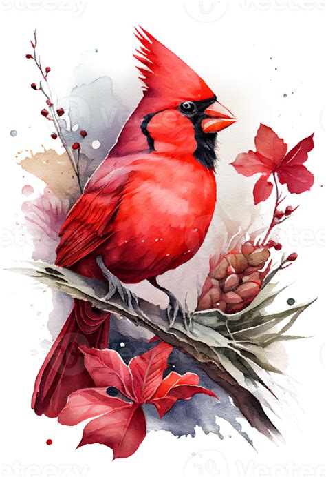 Watercolor Red Cardinal with flower on a branch, watercolor painting ...