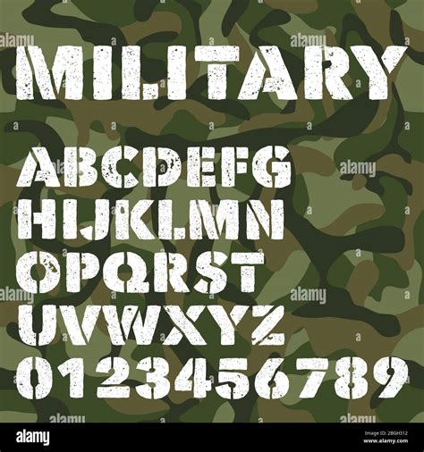 Old military alphabet, bold letters and numbers on army green ...