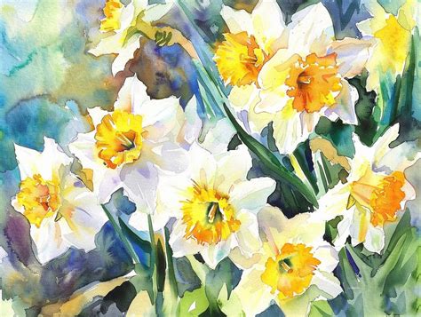 daffodils watercolor art print flowers painting meadow wall art decor