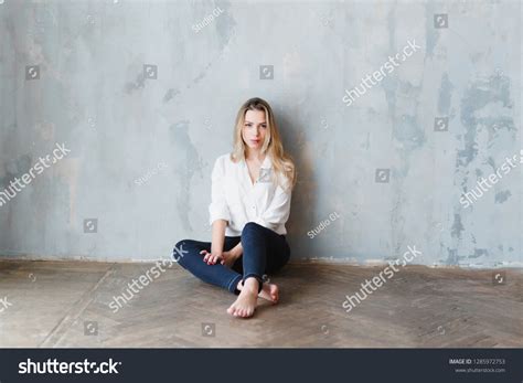 Model Blonde Barefoot Blue Jeans White Stock Photo Shutterstock