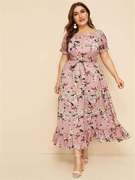 Plus Ruffle Hem Floral Print Belted Dress Belted Long Dress Curvy Dress Belted Dress