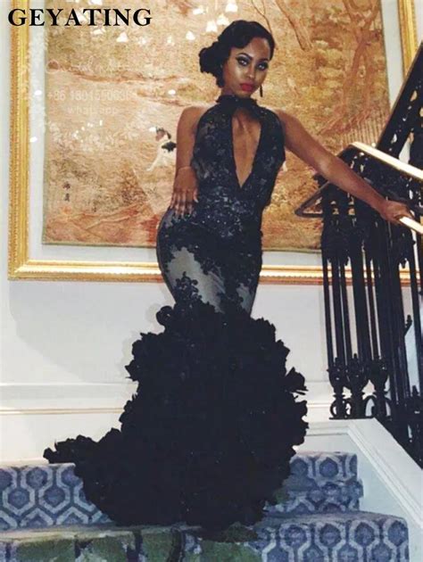 Sexy Keyhole High Neck Black Lace Backless Ruched Ruffles Prom Dress 2019 Long African Black