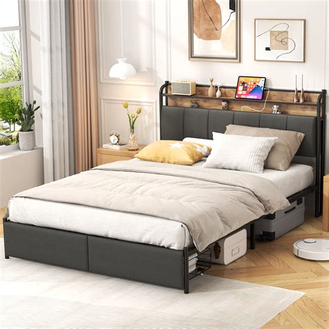 17 Stories Bed Frame, Storage Headboard With Charging Station, Solid