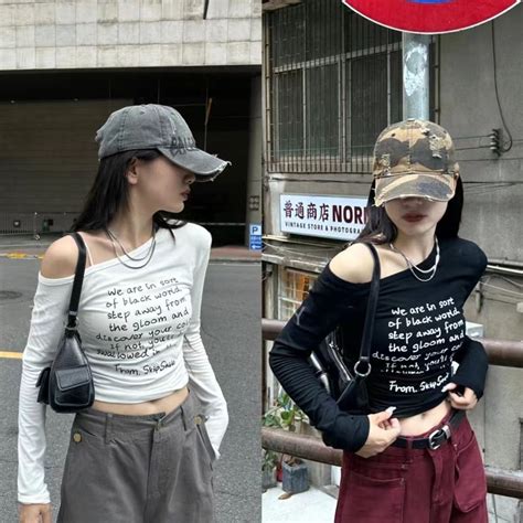 Autumn American Hot Girl Letters Slanted Shoulder Slim Fit Printed Design Feel High Waist