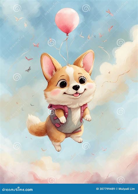 Adorable Chibi Baby with a Magical Corgi Dog, Soaring through the