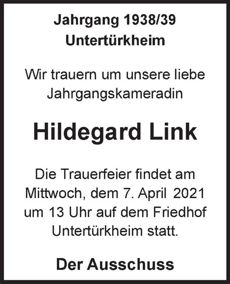 Traueranzeigen Von Hildegard Link Zeit Des Gedenkens De