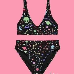 High Waisted Space Bikini Plus Sizes Recycled Material Aliens Etsy