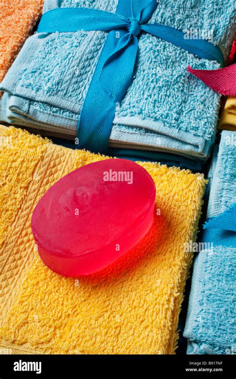 Red Bar Soap On Wash Clothes Stock Photo Alamy