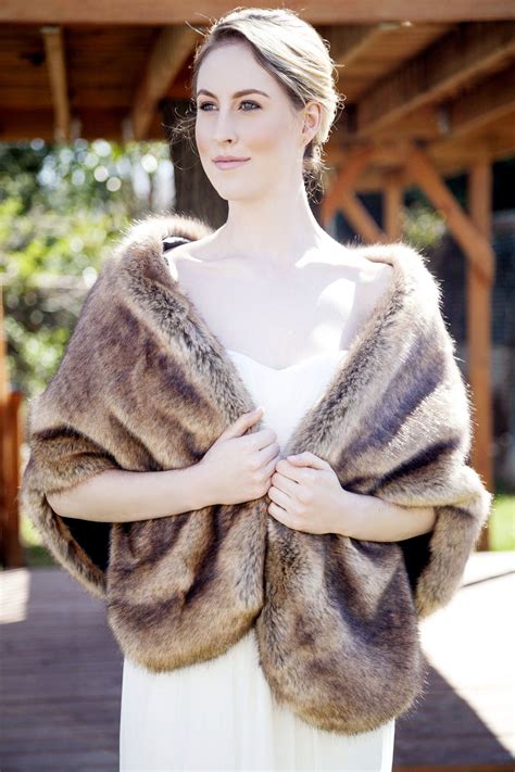 Brown Faux Fur Bridal Wrap Shrug Stole Shawl Cape Butterfly Brw