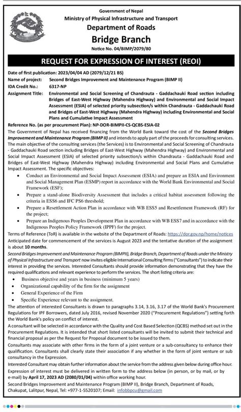 Request For Expression Of Interest REOI TOR For ESIA Is Attached