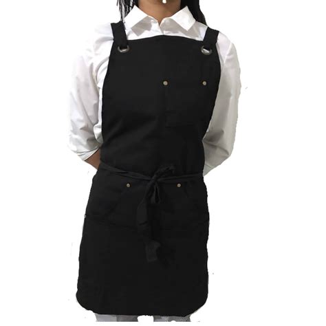 Black Cotton Canvas Apron With Pocket Café Apron