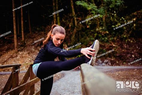 Fit Brunette Stretching Her Legs Stock Photo Picture And Royalty Free Image Pic WR2228295