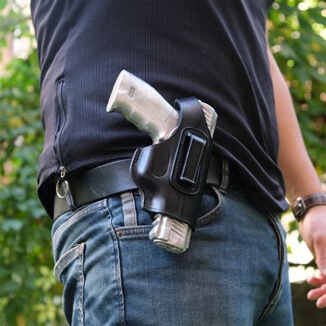 Owb And Iwb Leather Gun Holster Thumb Break Outside The Waist Etsy