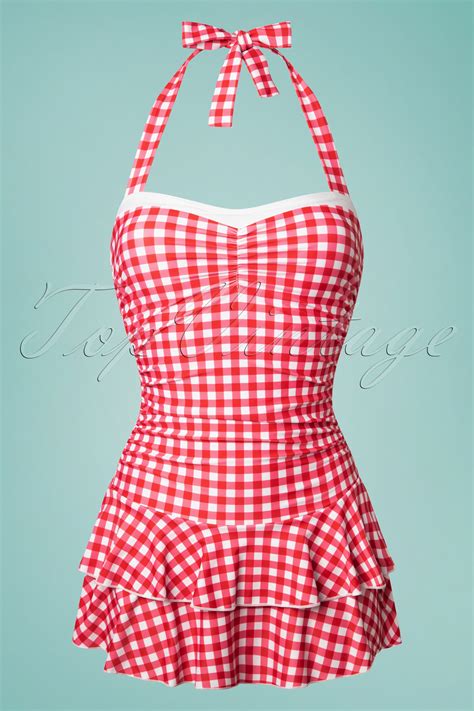 Pussy Deluxe Classic Gingham Halter Swimsuit Années 50 en Rouge et Blanc Acheter chez Topvintage