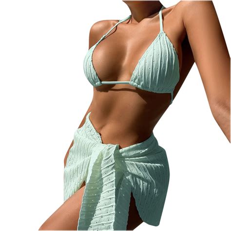 WREESH Womens Bikini Set With Sarong Bathing Suit Beach Cover Up Wrap Skirt Bikini Split Bikini