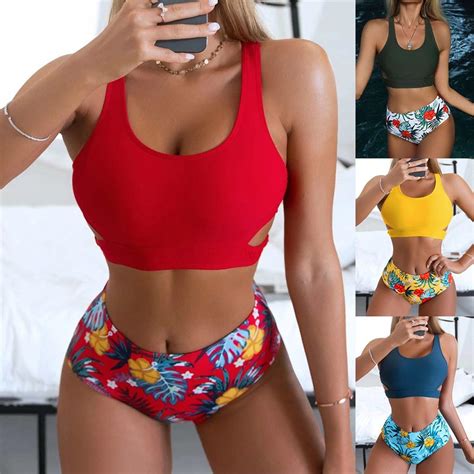 Women Hollow Swimsuit Two Piece Red Print Bikini Wholesale Beachwear Bathing Suit Designer