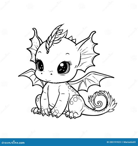 Hand Drawing Character Animal Cute Dragon Outline Black and White Cartoon Sketch Happy Coloring ...