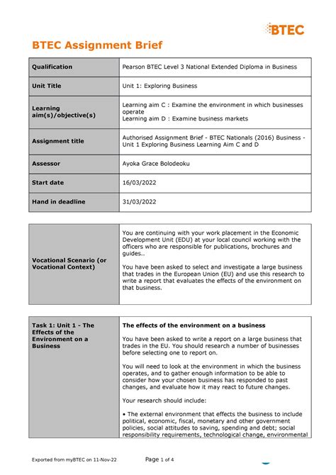 Unit 1 Exploring Business Assignment 2 Task Sheet Btec Assignment