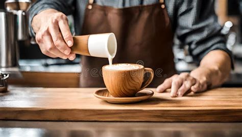 Barista Pours Milk Froth Into A Wood Cup Crafting Creamy Espresso