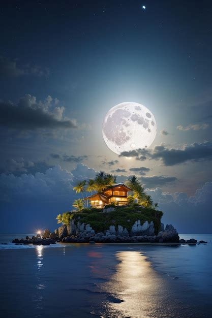 Premium AI Image | tropical island in the ocean with a full moon