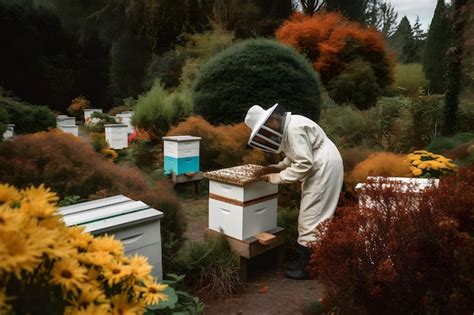 L Apiculteur Travaille Avec Les Abeilles Et Les Ruches Sur Le Rucher