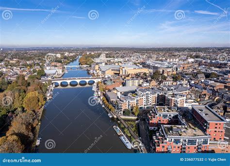 The Drone Aerial View Of Kingston Bridge Across River Thames Stock