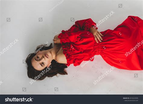 Sensual Beautiful Brunette Woman Lying Red Stock Photo Shutterstock