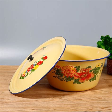 With Lid Enamelware Basin Vintage Soup Salad Serving Pot Food Storage ...