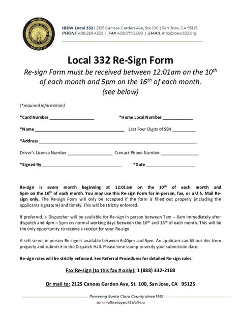 Fillable Online Re Sign Form IBEW Local 332 Fax Email Print PdfFiller