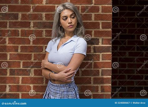 Une Belle Blonde Pose Dehors Dans Un Environnement Urbain Image Stock Image Of Color