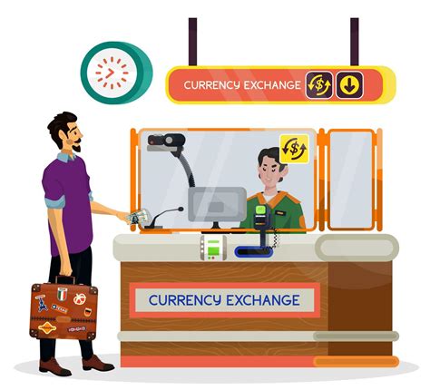 Cartoon illustration of airport currency exchange desk with assistant
