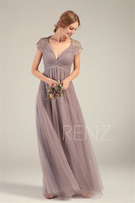 Mauve Bridesmaid Dress Tulle Prom Dress Long Empire Waist Etsy